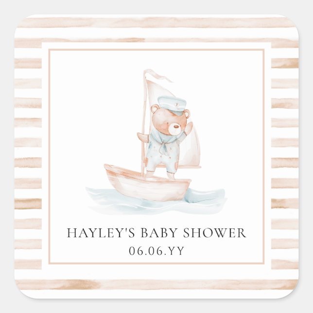 Sailor Bear Tan Stripe Babydusche Quadratischer Aufkleber (Vorderseite)