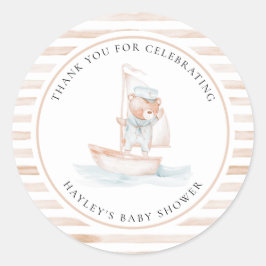 Sailor Bear Tan Stripe Babydusche Runder Aufkleber