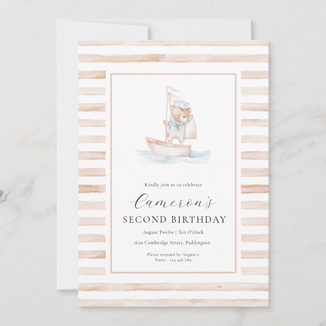 Sailor Bear Tan Stripe Geburtstag Einladung (Vorderseite)