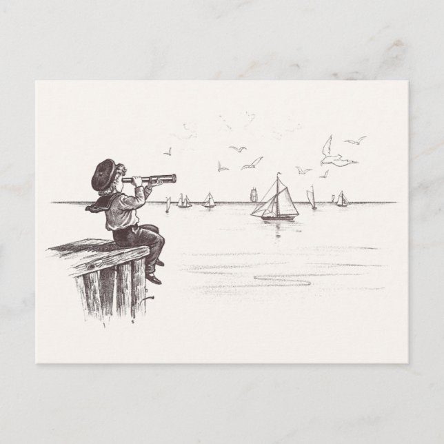 Sailor Boy mit Spyglass Sees Schooners Postkarte (Vorderseite)