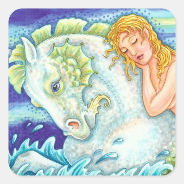 SAILOR'S FANTASY MERMAID RIDING MERHORSE, SEEPFERD QUADRATISCHER AUFKLEBER (Vorderseite)