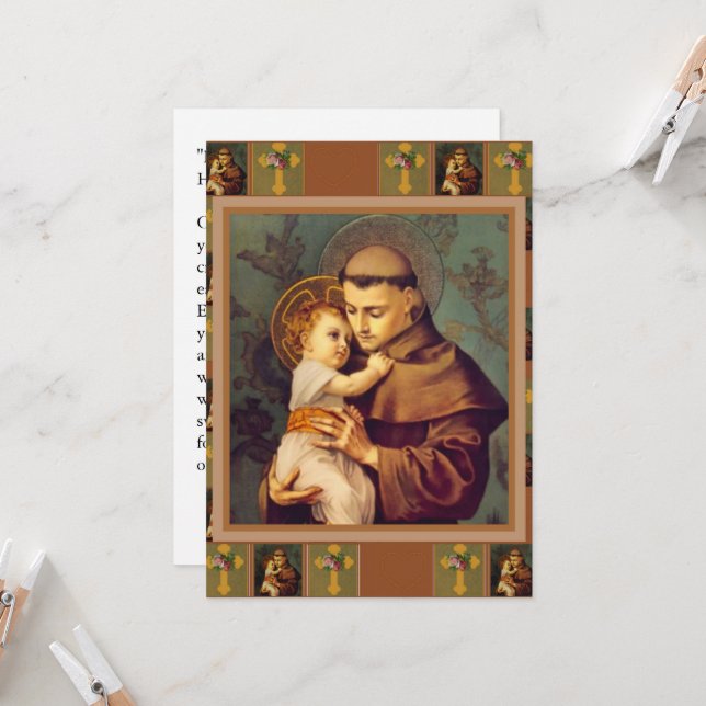 Saint Antoine de Padoue avec la carte de prière de (Devant/Arrière en situation)