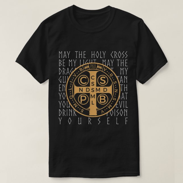 Saint-Benedikt-Medaille Christliches Gebet T-Shirt (Design vorne)