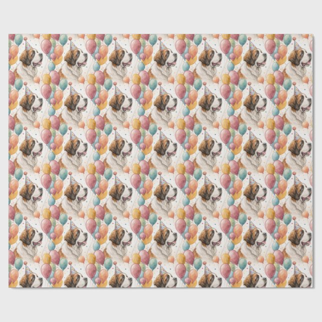 Saint Bernard Birthday Balloons Watercolor Geschenkpapier (Flach)