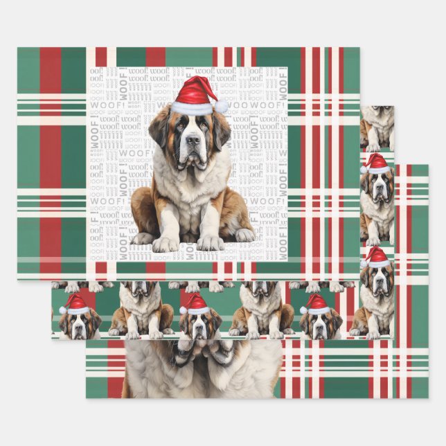 Saint Bernard Christmas Dog Red Green Plaid Geschenkpapier Set (Set)