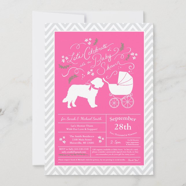 Saint Bernard Dog Babydusche Girl Pink Einladung (Vorderseite)