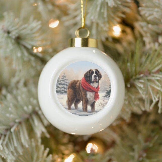 Saint Bernard Dog im Schnee Weihnachten Keramik Kugel-Ornament (Baum)