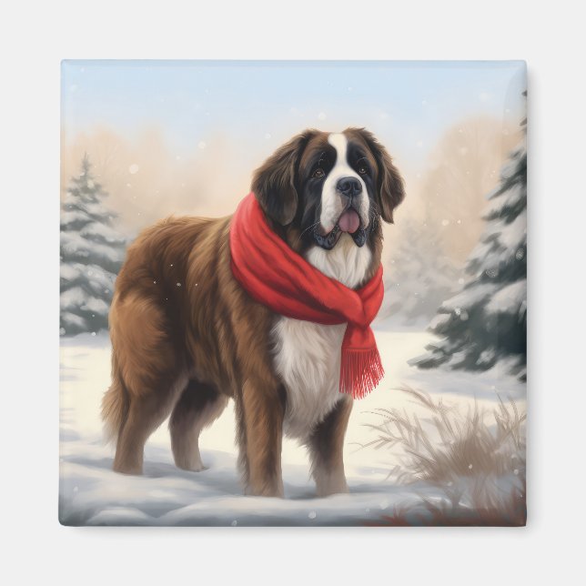 Saint Bernard Dog im Schnee Weihnachten Magnet (Vorne)