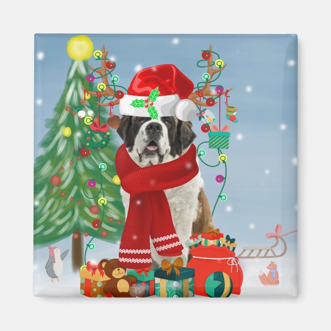 Saint Bernard Dog im Schnee Weihnachten Magnet (Vorne)