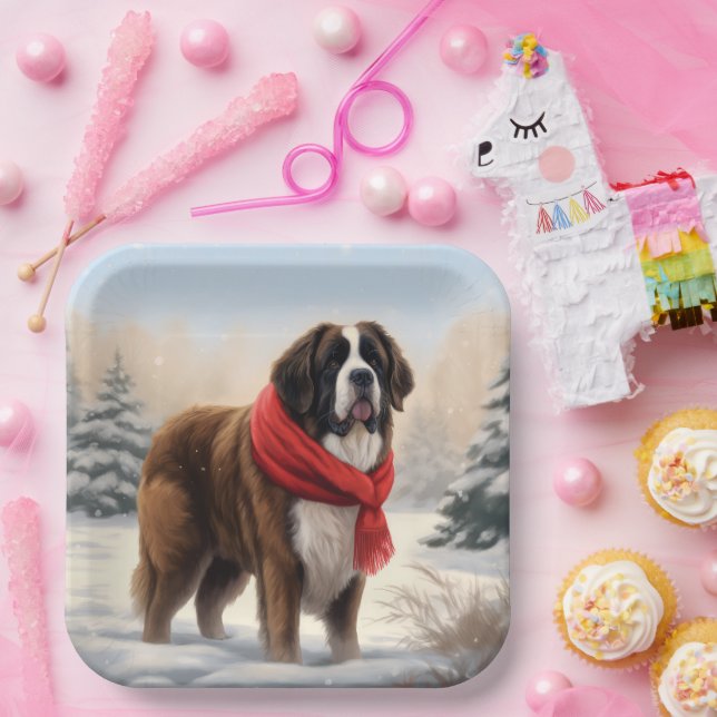 Saint Bernard Dog im Schnee Weihnachten Pappteller (Party)