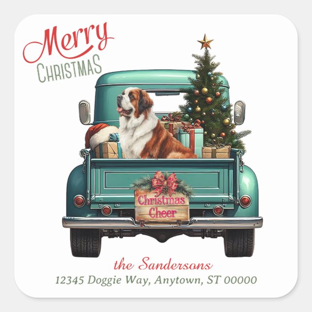 Saint Bernard Dog Retro Truck Weihnachten Quadratischer Aufkleber (Vorderseite)