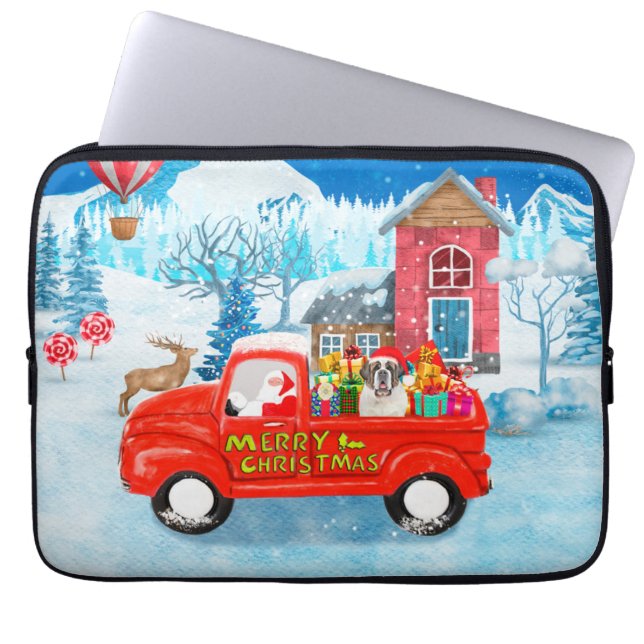 Saint Bernard Dog Weihnachtswagen Schnee Laptopschutzhülle (Vorderseite)