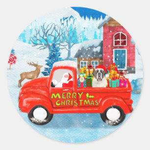 Saint Bernard Dog Weihnachtswagen Schnee Runder Aufkleber