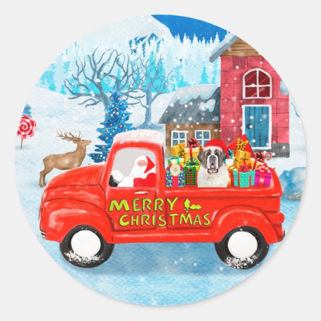 Saint Bernard Dog Weihnachtswagen Schnee Runder Aufkleber (Vorderseite)