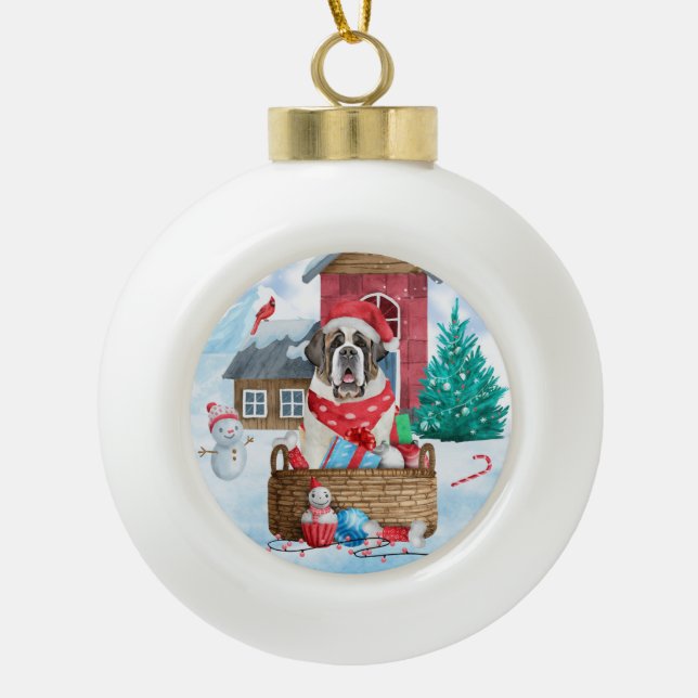 Saint Bernard Hund im Schnee Weihnachtshundehaus Keramik Kugel-Ornament (Vorderseite)