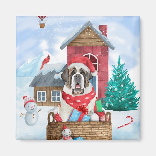 Saint Bernard Hund im Schnee Weihnachtshundehaus Magnet (Vorne)