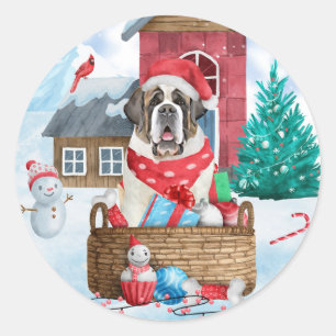 Saint Bernard Hund im Schnee Weihnachtshundehaus Runder Aufkleber