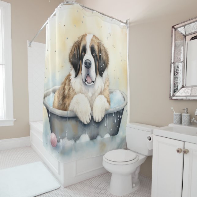 Saint Bernard im Bathtub Wasserfarbener Hund Kunst Duschvorhang (Beispiel)