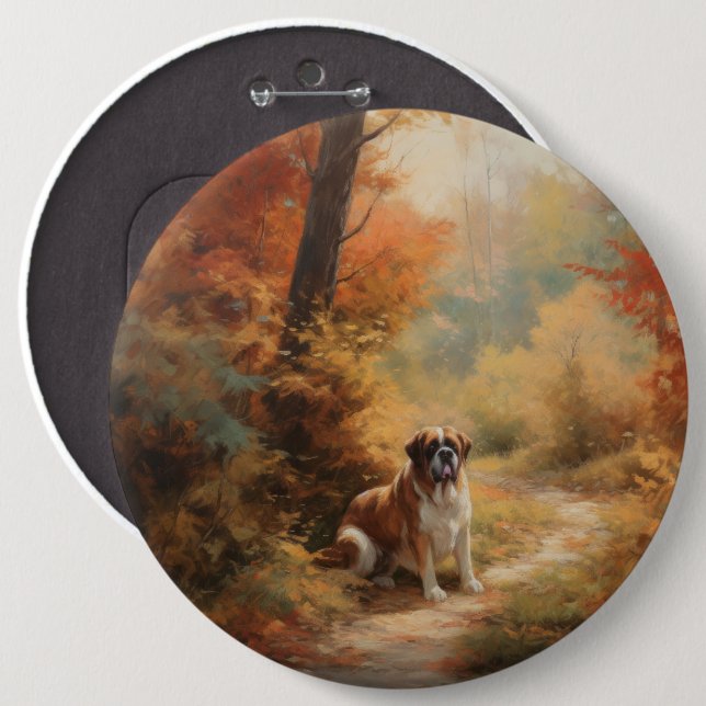 Saint Bernard im Herbst Leaves Fall Inspiriert Button (Vorne & Hinten)
