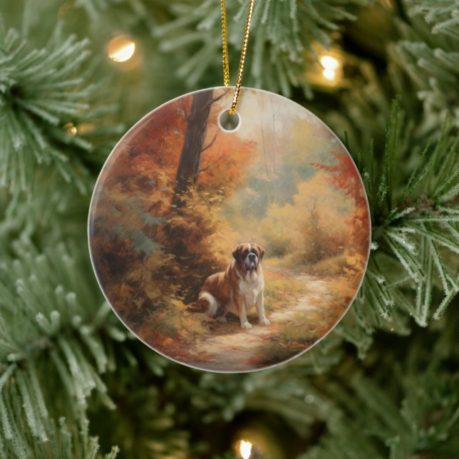 Saint Bernard im Herbst Leaves Fall Inspiriert Keramik Ornament (Baum)