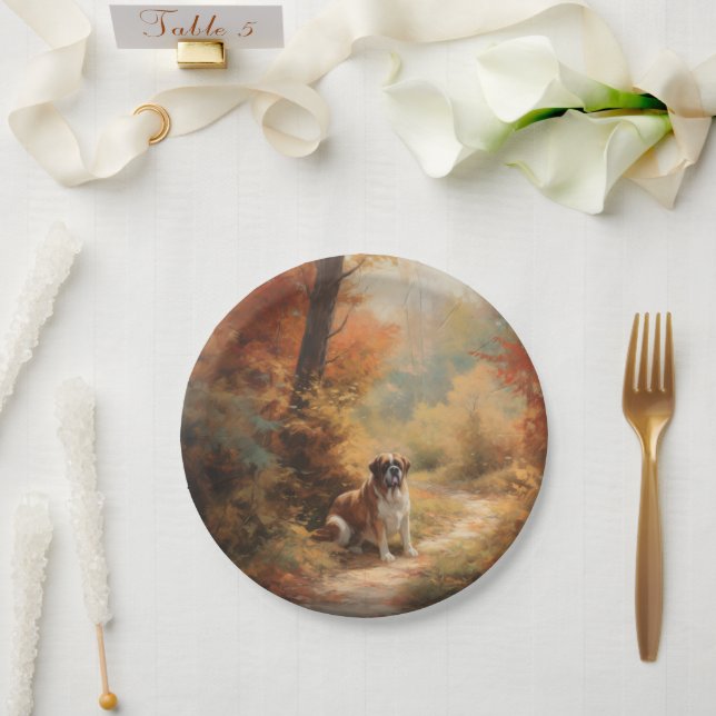 Saint Bernard im Herbst Leaves Fall Inspiriert Pappteller (Hochzeit)