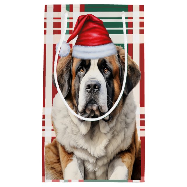 Saint Bernard Santa Dog Holiday Plaid Christmas Kleine Geschenktüte (Vorderseite)