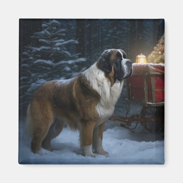 Saint Bernard Snowy Sleigh Weihnachtsdekor Magnet (Vorne)