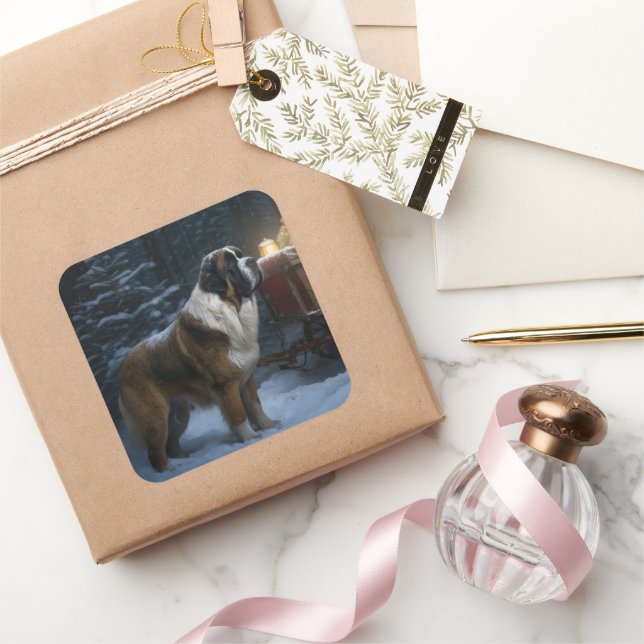 Saint Bernard Snowy Sleigh Weihnachtsdekor Quadratischer Aufkleber (Schenken)