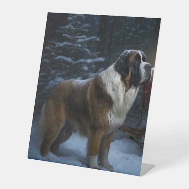 Saint Bernard Snowy Sleigh Weihnachtsdekor Sockelschild (Vorderseite)