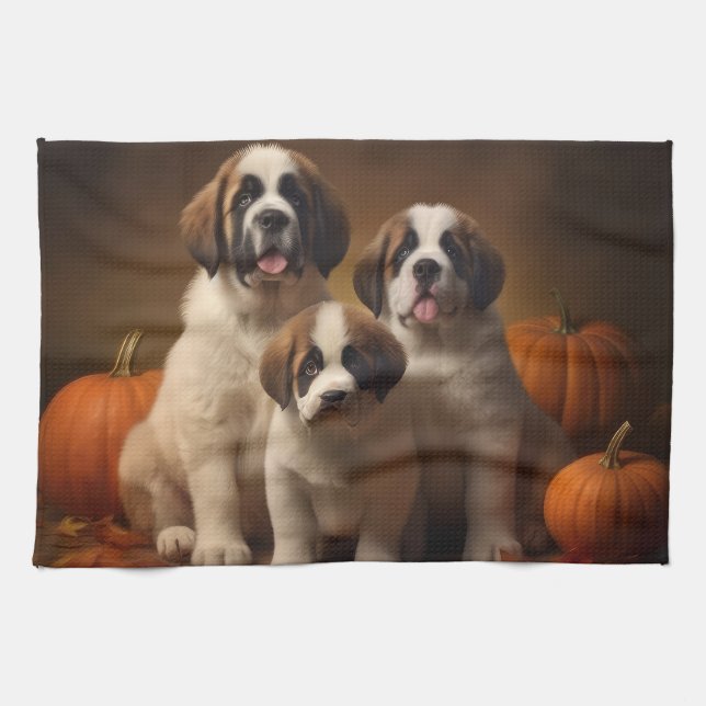 Saint Bernard Welppy Herbst Kürbis Geschirrtuch (Horizontal)