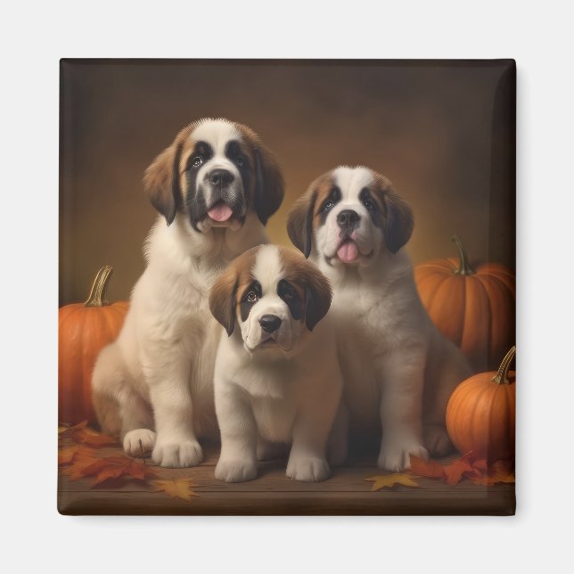 Saint Bernard Welppy Herbst Kürbis Magnet (Vorne)