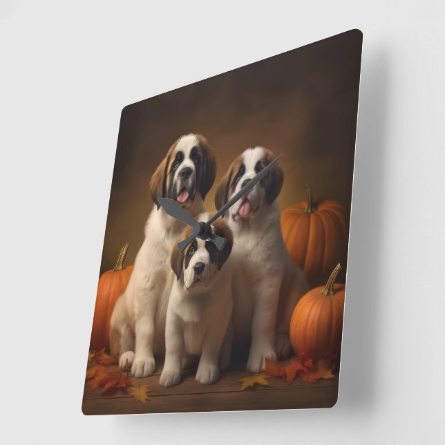 Saint Bernard Welppy Herbst Kürbis Quadratische Wanduhr (Winkel)