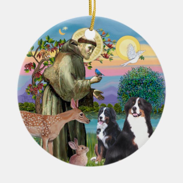 Saint Francis - Zwei Berner Hunde Keramik Ornament (Vorne)