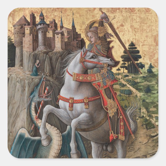 Saint George Slay Dragon Carlo Crivelli Paintin Quadratischer Aufkleber (Vorderseite)