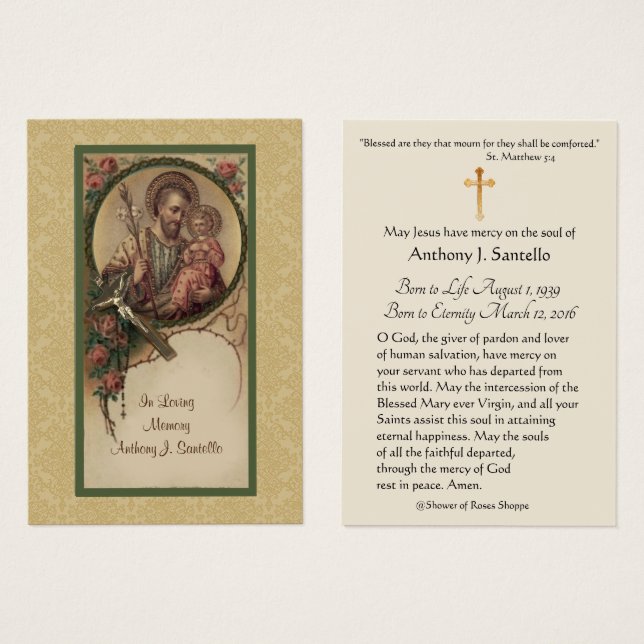 Saint Joseph Catholicisme Funeral Memorial Carte S (Devant & derrière)