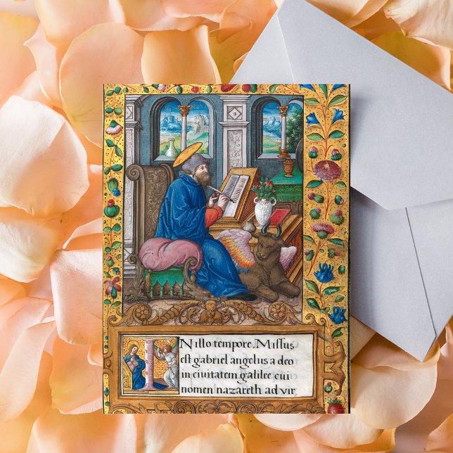 Saint Luke Evangelist Bibel Mittelalterliches Manu Postkarte (Saint Luke Evangelist Bible Medieval Manuscript Catholic Christian Postcard)