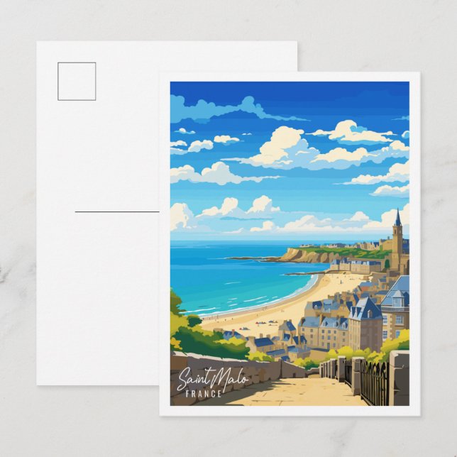 Saint Malo Frankreich Vintage Illustration Postkarte (Vorne/Hinten)