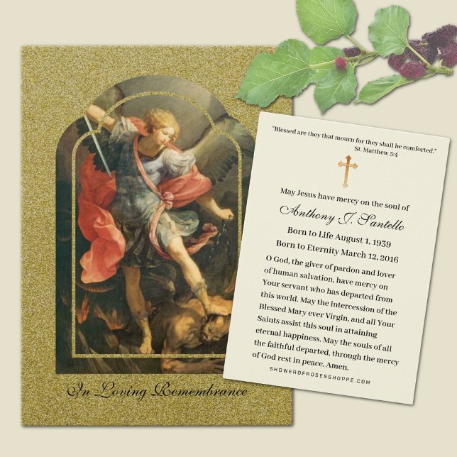 Saint Michel Catholicisme Funeral Memorial Carte S (Traditional Catholic Funeral Memorial Prayer Card with St. Michael the Archangel)