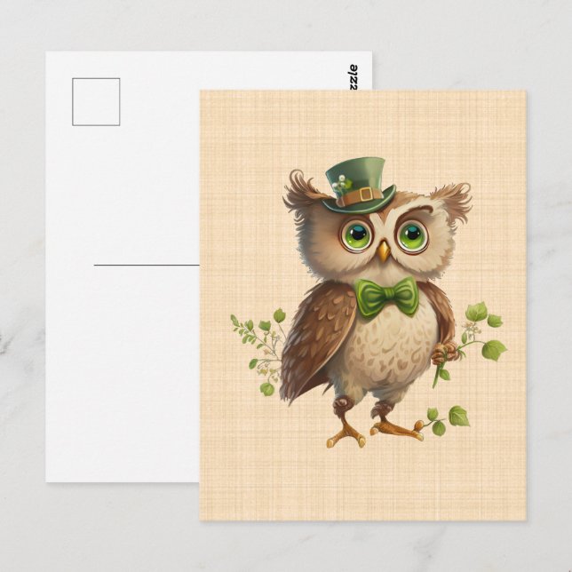 Saint Patrick - Eule mit grünem Hut Postkarte (Vorne/Hinten)