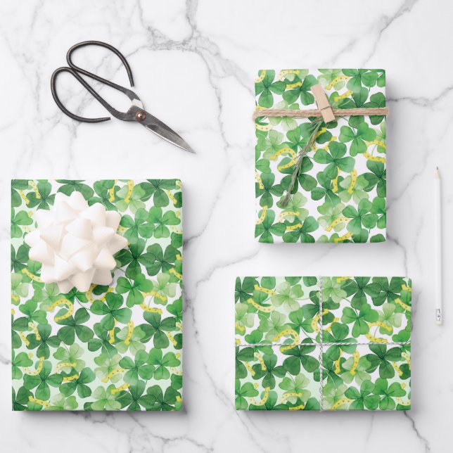 Saint Patrick's Day Green Vierblättriges Kleeblatt Geschenkpapier Set (Vorderseite)