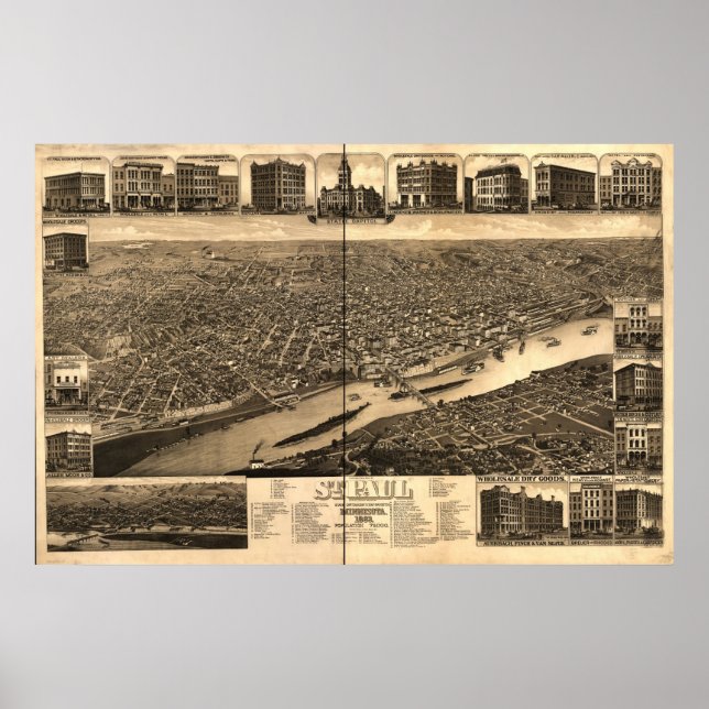 Saint Paul Minnesota 1883 Antike Panoramakarte Poster (Vorne)