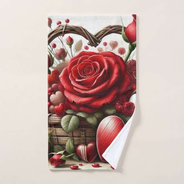 Saint Valentin Rose rouge et Coeurs (Serviette à main)
