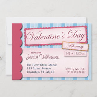 Saint Valentin Scrapbook Bleu Stripe Invitations