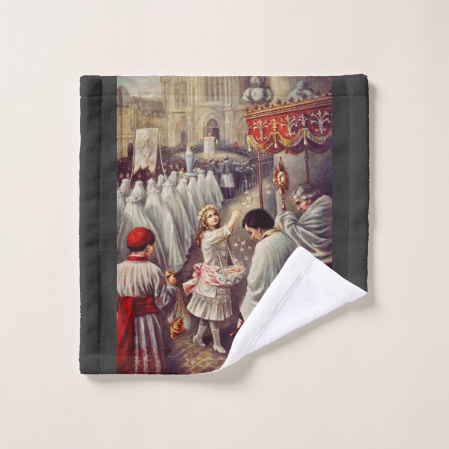 Sainte Thérèse jette des fleurs au Saint Sacrement (Gant de toilette)