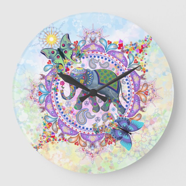 Sainte Tribal Henna Elephant grande horloge (Recto)