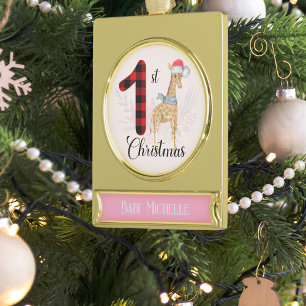 Saisonale Giraffe Baby 1. Weihnachten Name Andenke Banner-Ornament Gold