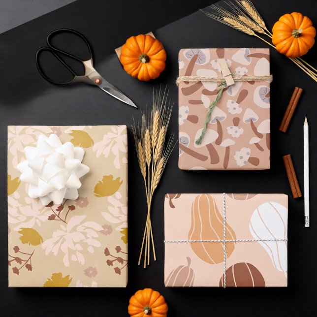 Saisonale Pastelltöne Herbst Geschenkpapier Set (Soft Autumn Neutrals with Mushrooms and Leaves Wrapping Paper Sheets)