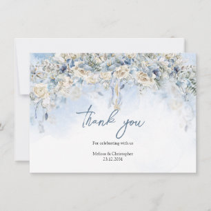 Saisonale pulverblaue Blumen weiße Rosen Grünpflan Dankeskarte