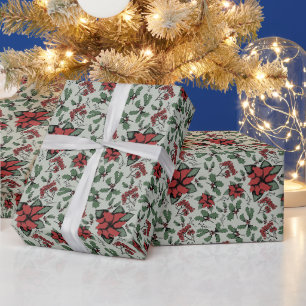Saisonale Rote Poinsettien und Berries Green Geschenkpapier