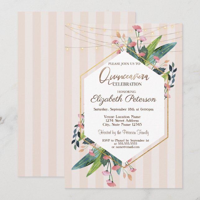 Saitenleuchten floral gestreift Quinceñera Einladung (Vorne/Hinten)